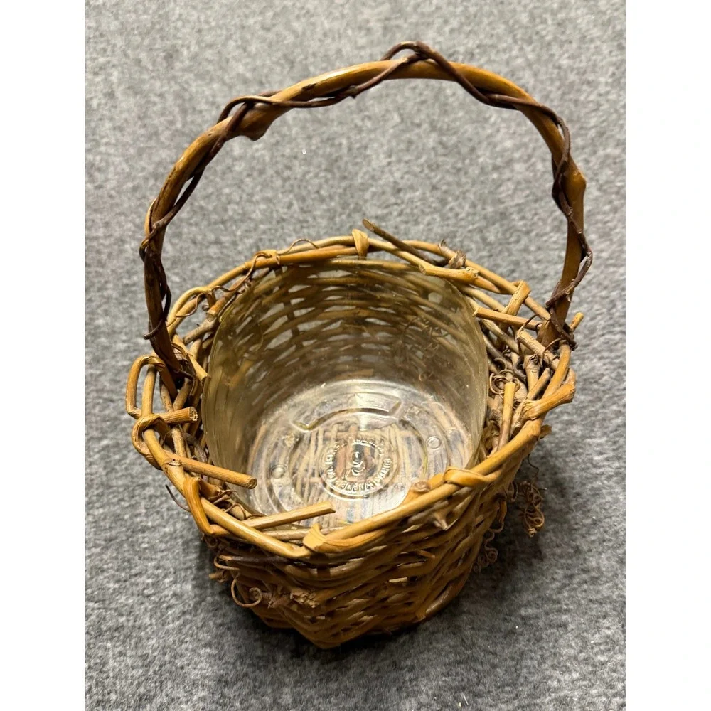 Small Rustic Grapevine Woven Basket w/ Handle and Plastic Liner Brown Farmhouse